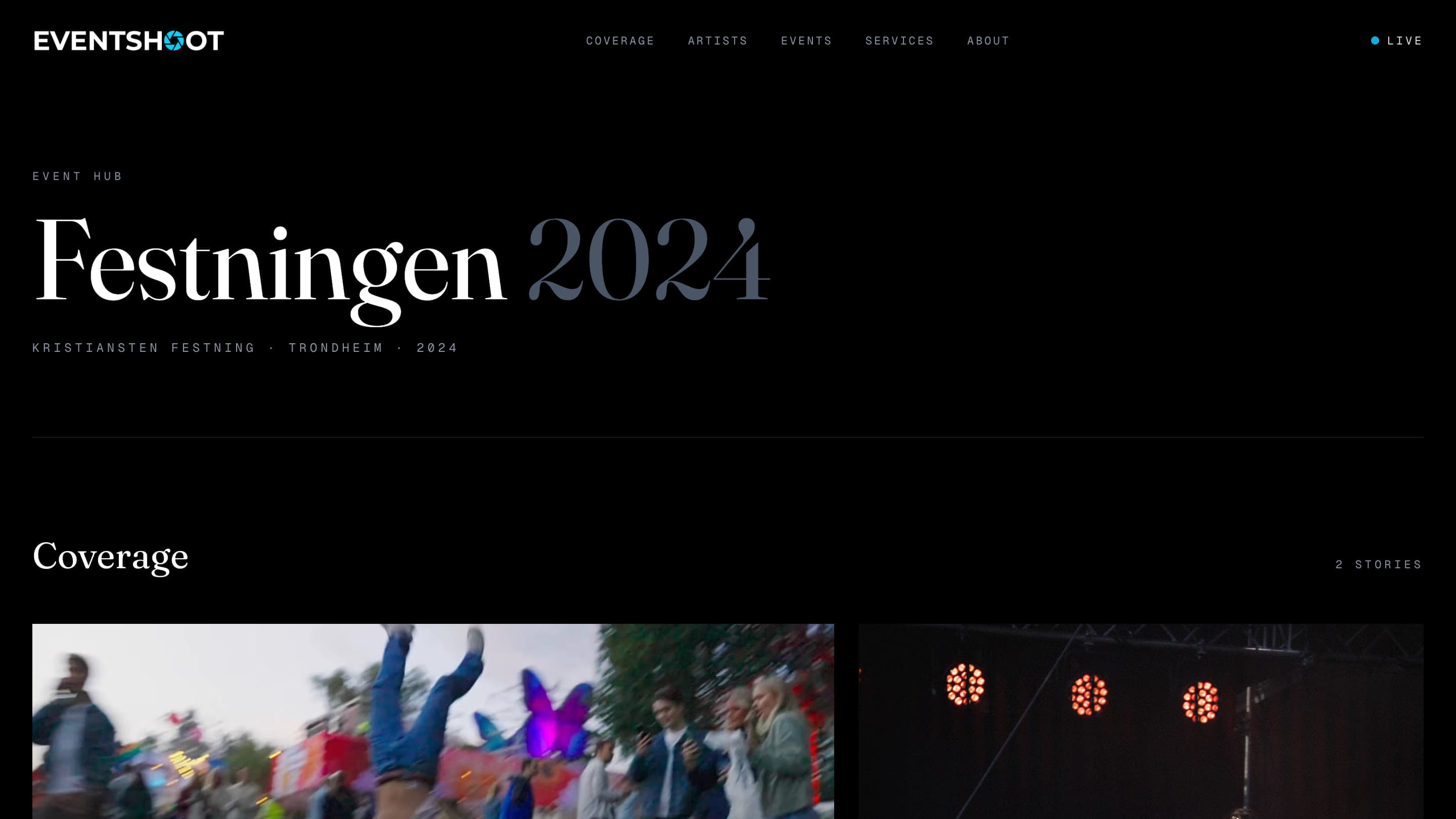 Arrangementssiden for Festningen 2024 på eventshoot.no, med sted og årstall under tittelen og telleren «2 stories» over dekningen