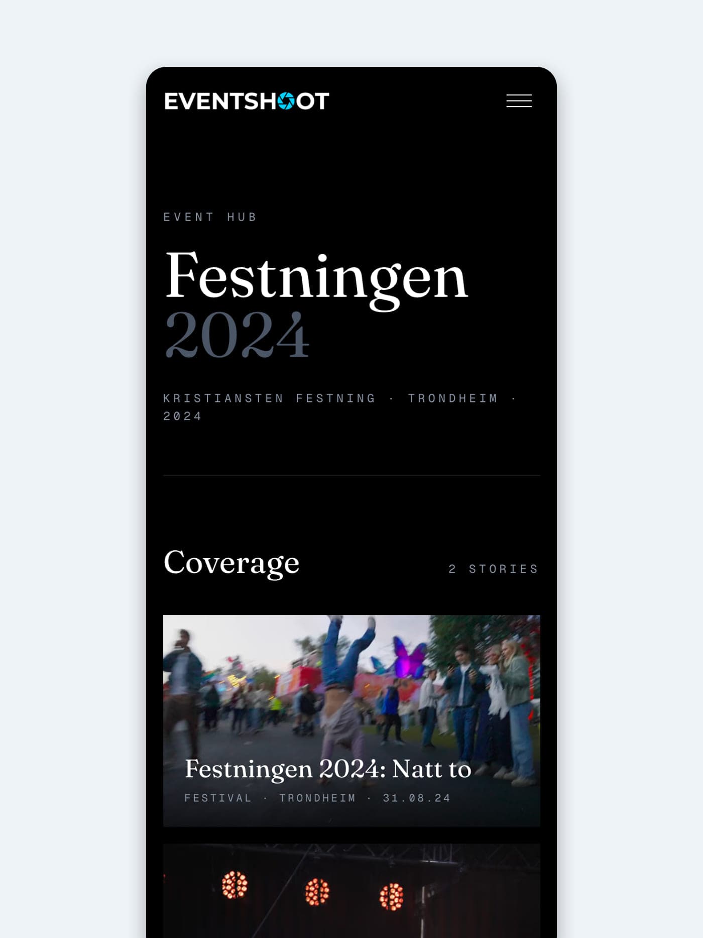 Arrangementssiden for Festningen 2024 på eventshoot.no på mobil, med dekningen i én spalte under tittelen