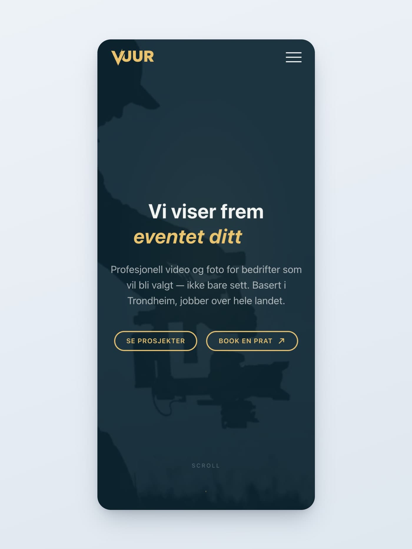 Forsiden til vuur.no på mobil, med logo, menyknapp, overskrift og to knapper
