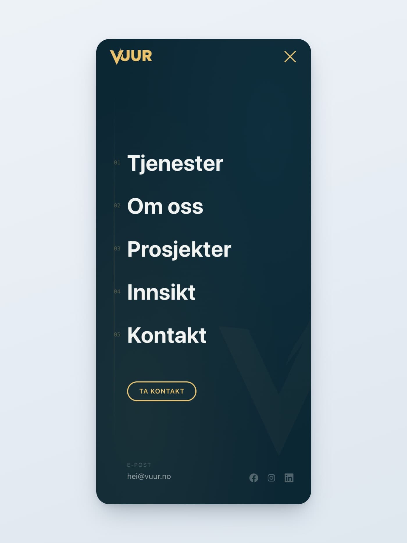 Fullskjermsmenyen på vuur.no på mobil, med nummererte lenker til Tjenester, Om oss, Prosjekter, Innsikt og Kontakt