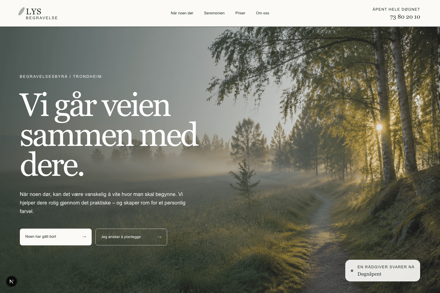 Skjermbilde av forsiden til demonettsiden LYS Begravelsesbyrå